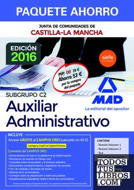 Paquete Ahorro Cuerpo Auxiliar Administrativo de la Junta de Comunidades de Castilla-La Mancha. Ahorra 53  (incluye Temarios 1 y 2; Test; Simulacros de examen y acceso a Campus Oro)
