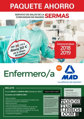 Paquete Ahorro Enfermero/a Servicio de Salud de la Comunidad de Madrid.Ahorro de 143 ? (incluye Temarios 1, 2, 3 y 4; Test; Simulacros de Examen y acceso a Campus Oro)