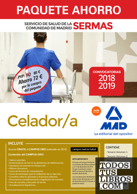 Paquete Ahorro Celador/a Servicio de Salud de la Comunidad de Madrid. Ahorro de 72 ? (incluye Temarios 1 y 2; Test; Simulacros de Examen y acceso a Campus Oro)