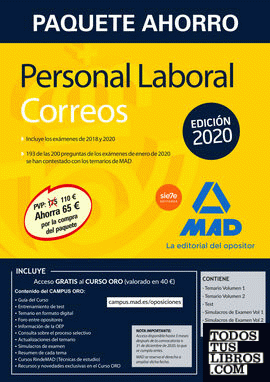 Paquete Ahorro Personal Laboral Correos 2020. Ahorra 65 € (incluye Temarios 1 y 2; Test; Simulacros de Examen 1 y 2; Psicotécnico y acceso a Curso Oro)