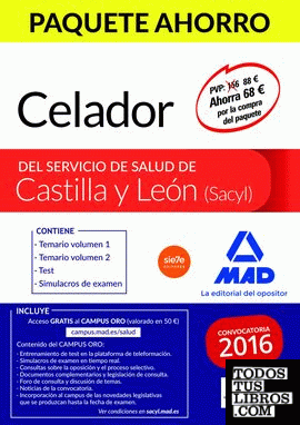 Paquete Ahorro Celador del Servicio de Salud de Castilla y León. Ahorra 68  (incluye Temario vol I y II, Test, Simulacros y acceso a Campus Oro)
